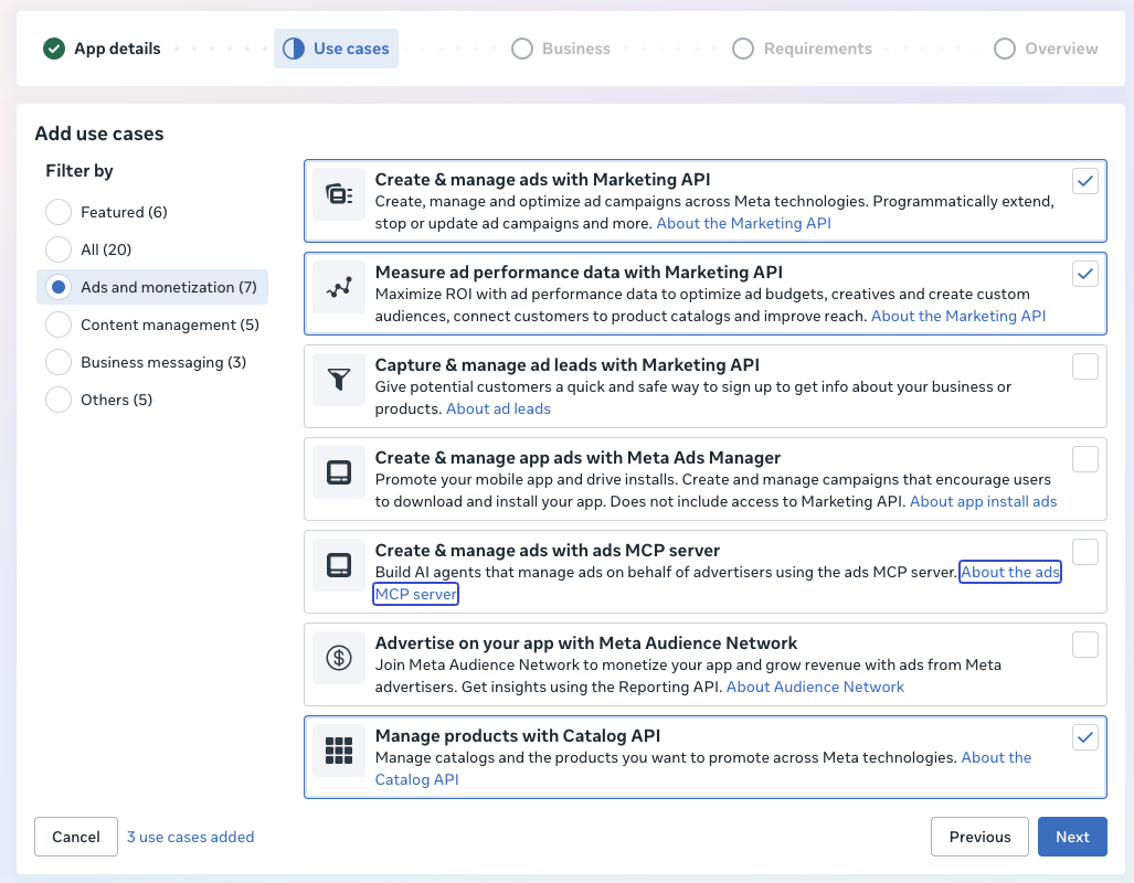 Ekran wyboru use case'ow przy tworzeniu aplikacji Meta
