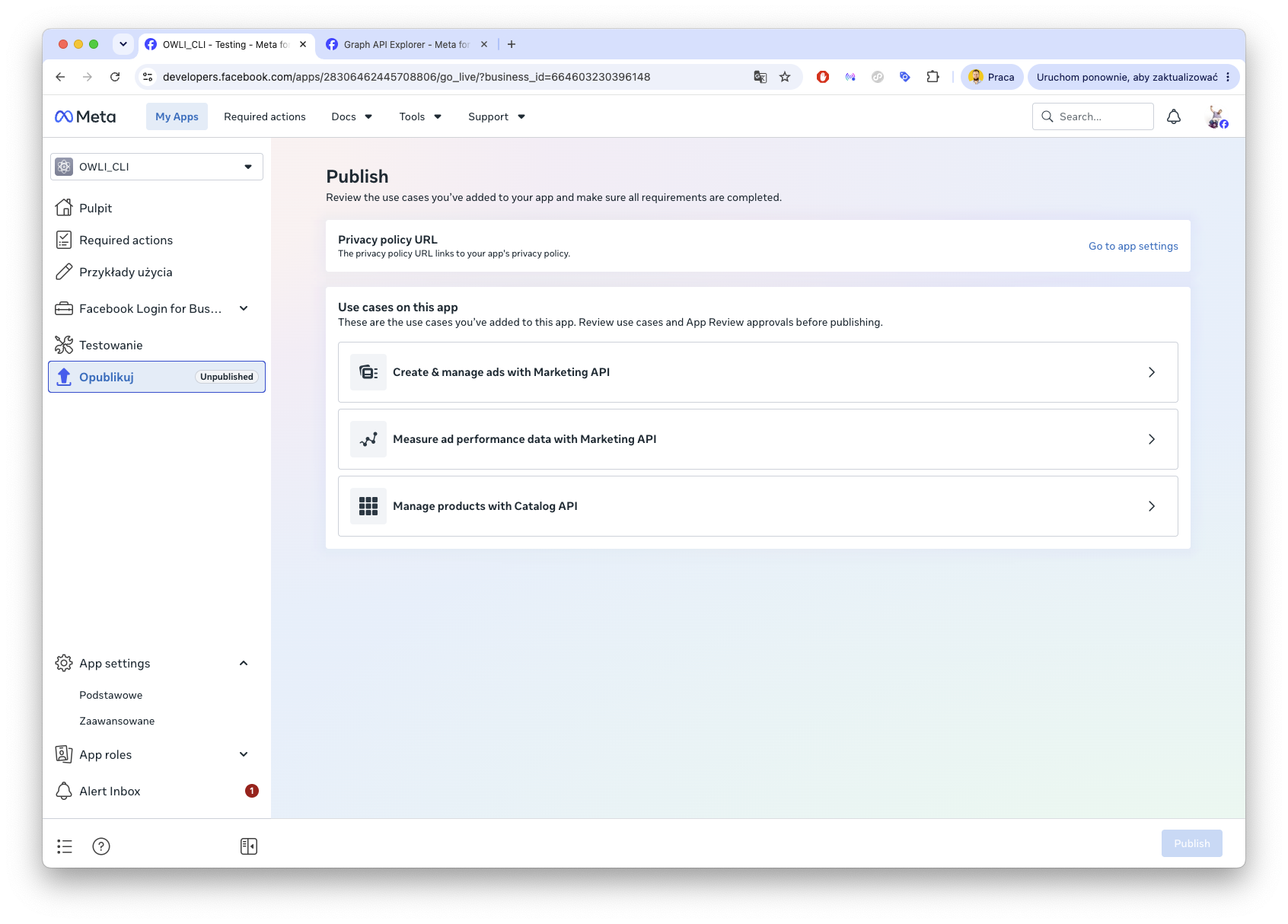 Ustawienia aplikacji Meta - pole Privacy Policy URL
