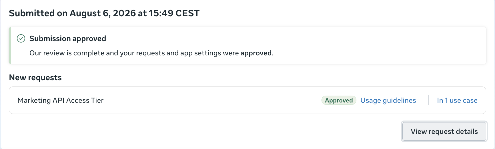 Potwierdzenie przyznania wyzszego poziomu dostepu do Marketing API